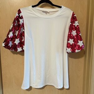 NWOT | Haptics - Chic White Tee with Pink and White Star Sequin Sleeves